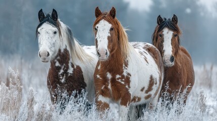 Majestic horses standing together in a snowy field during winter