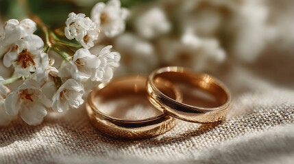 weekday wedding vibes Delicate wedding rings beside white flowers on a textured background.