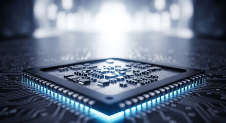 High-Tech Microchip Processor with Intricate Circuitry and Glowing Blue Light Representing Innovation and Technological Advancement in Computing and Engineering