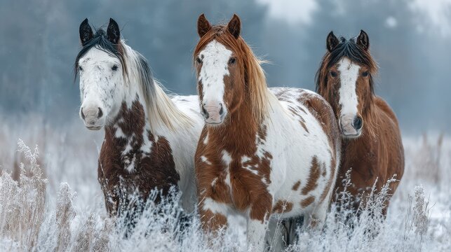 Majestic horses standing together in a snowy field during winter - Powered by Adobe
