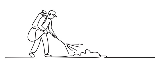 continuous line of pest control. one line drawing of pest controller spraying disinfectant. one line Icon drawing with white background