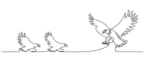 continuous line of eagles. one line drawing of eagle flying ready to hunt prey. one line Icon drawing with white background