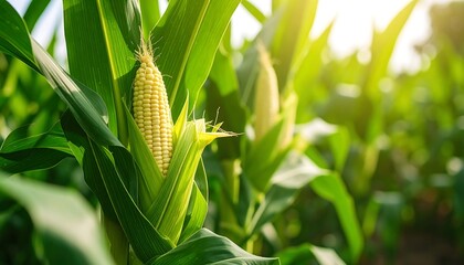 Corn stalks and ears in field