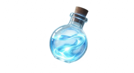 Mysterious glowing blue potion in a glass bottle