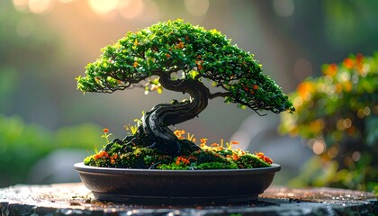 Bonsai tree in a pot, bathed in morning light