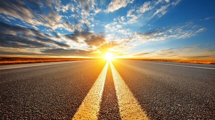 Expansive asphalt road stretches into horizon under vibrant sunrise sky, warm golden hues, parallel yellow lines,