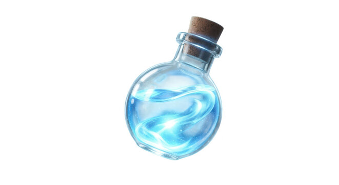 Mysterious glowing blue potion in a glass bottle