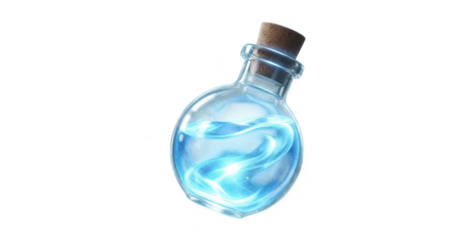 Mysterious glowing blue potion in a glass bottle