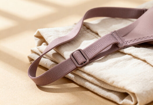 Soft mauve bra strap and adjustment detail resting on folded beige cotton fabric in warm natural morning sunlight