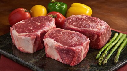 Prime beef cuts and fresh vegetables: An assortment of delicious meat paired with yellow and green bell peppers, asparagus and tomatoes. Ready for grilling.