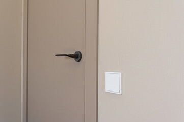 A modern interior featuring a tan door with a sleek black handle, set against a light beige wall. A...