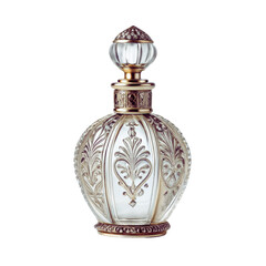 Elegant ornate vintage ornate antique perfume bottle with intricate glass detail and golden accents isolated isolated on transparent background