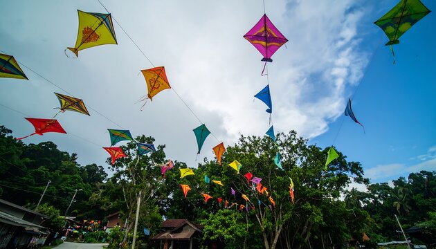Colorful Kites Flying High Above Trees.