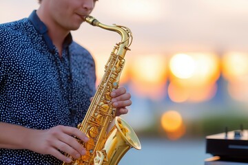 Obraz premium Evening Saxophonist Performing at Sunset