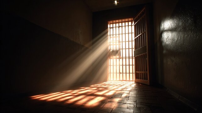 Light pierces through the barred gate, casting dramatic shadows. A symbol of confinement and the hope of freedom.