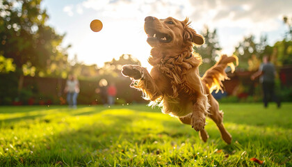 Dog jumping up, trying to catch a ball, outdoors. AI