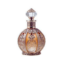 Elegant ornate vintage perfume bottle with intricate metalwork and crystal stopper isolated on transparent background