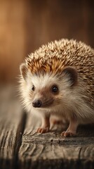 Fototapeta premium Hedgehog exploring on a wooden surface in soft natural light during a tranquil afternoon