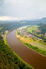 Landscape View of the hiking village of Rathen in Saxon Switzerland from the viewpoint called Bastei