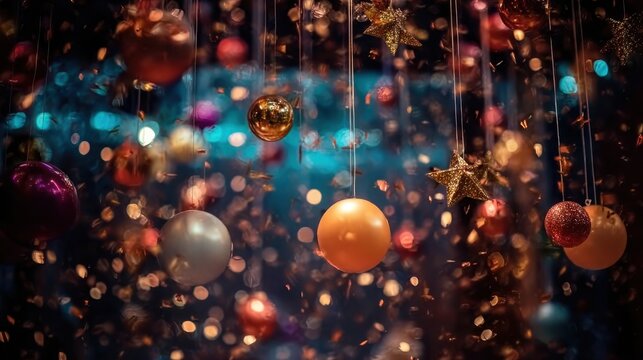 Party theme background with lights, confetti, vibrant design