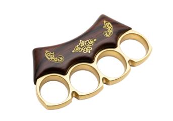 Ornate brass knuckles with a dark wooden grip, showcasing intricate gold detailing against a black background.
