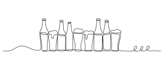 vector continuous line drawing of beer.line vector illustration of beer bottles and glasses.single line. one line Icon drawing with white background