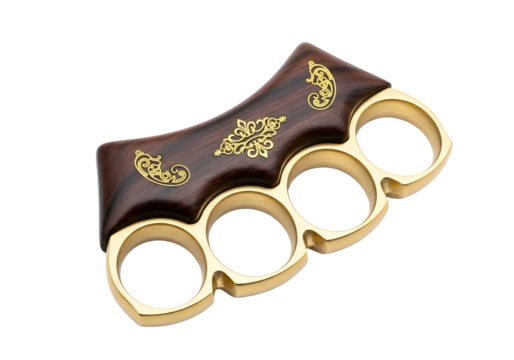 Ornate brass knuckles with a dark wooden grip, showcasing intricate gold detailing against a black background.