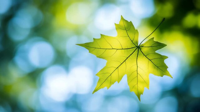 Single yellow maple leaf with veins against a blurred green and blue background 4k video
