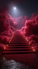 Mysterious ascent through a dreamlike pathway of red clouds and soft illumination at night