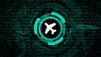 White airplane icon in a digital HUD against a backdrop of binary code and data streams aircraft travel - Powered by Adobe