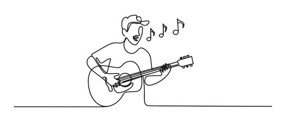 continuous line singing and playing acoustic guitar.single line drawing youtuber,music content creator. one line Icon drawing with white background