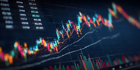 financial chart with uptrend line candlestick graph in stock market on blue color monitor background
