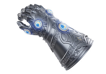 A detailed close-up view of a metallic gauntlet, featuring intricate decorative designs and glowing blue accents, set against a stark black background.