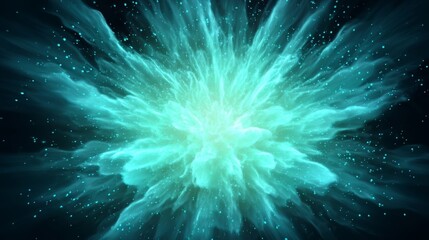 An artistic representation of a bright turquoise blue blast radiating outward against a dark background,