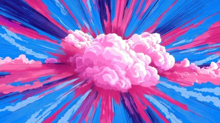 Energetic composition with vibrant pink and white clouds bursting outward, blue and pink streaks creating movement,