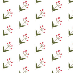 Seamless floral pattern with simple green leaves and red berries on white background for fabric wallpaper and seasonal design