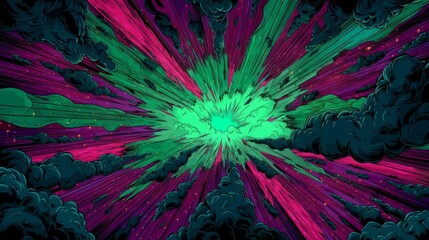 An abstract visual with a vibrant greenish magenta burst radiating outward, creating a dynamic and energetic effect.
