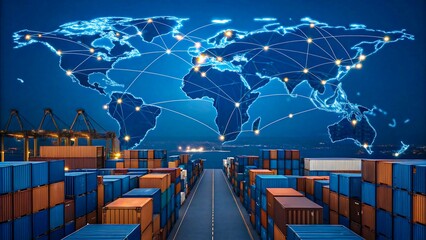 Cargo containers with digital world map network symbolizing global trade and logistics
