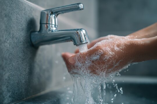 Hand Hygiene: Woman Washing Hands under the Tap with Soap and Water - Powered by Adobe