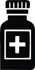 Black silhouette of a medicine bottle with a white cross symbol indicating health and pharmaceutical use