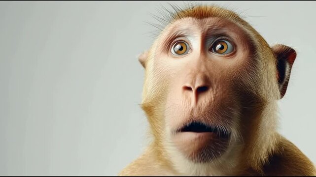 Close-up of a surprised monkey with open mouth on a gray background.