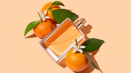 Clear glass perfume bottle with orange fruit and blossoms citrus