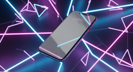 A sleek smartphone with a reflective screen floats amidst a vibrant, futuristic neon geometric light display in blue and pink.