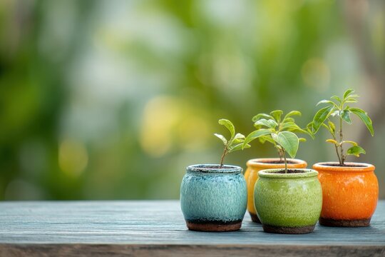 Charity Pots. Green Nature Bokeh Background for Eco-Friendly Gardening and Home Farming Concept