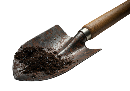 Ultra-detailed macro shot of a rugged garden shovel with a dull, soil-coated steel blade & weathered wooden handle, angled on transparent studio background. Concept of utility & history