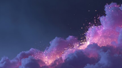 Vibrant purple and pink clouds with tiny sparkling lights create a dreamy and mystical atmosphere against a dark sky,
