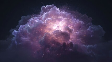 Dynamic bursts of radiant light contrast vividly against dark tones within a central cloud formation,