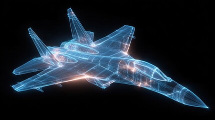 Jet Wireframe. Three-Dimensional Aerial Fighter Plane Blueprint in Glowing Neon Hologram