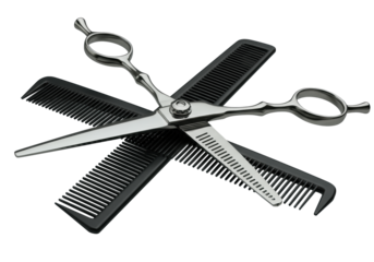 Ultra macro of gleaming professional silver hair scissors with open blades crossed over sleek black comb on a transparent studio background. Concept of precision salon tools