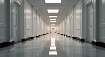No Sight. Empty Hallway with Doors, Long Floors in Building Architecture